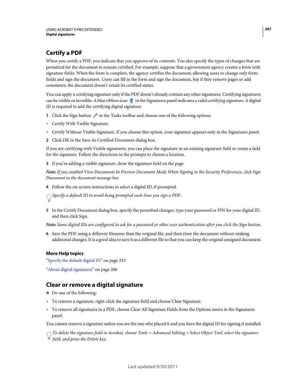Certify a pdf, Clear or remove a digital signature | Adobe Acrobat 9 PRO Extended User Manual | Page 273 / 546