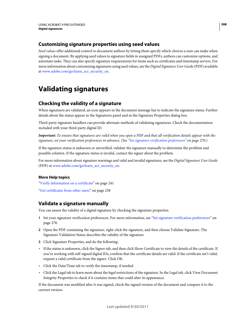 Customizing signature properties using seed values, Validating signatures, Checking the validity of a signature | Validate a signature manually | Adobe Acrobat 9 PRO Extended User Manual | Page 274 / 546