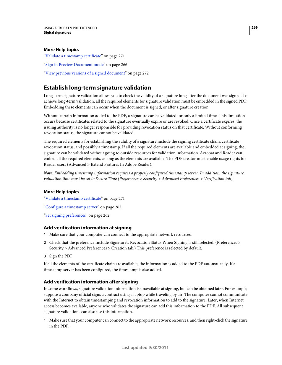 Establish long-term signature validation, Add verification information at signing, Add verification information after signing | Adobe Acrobat 9 PRO Extended User Manual | Page 275 / 546