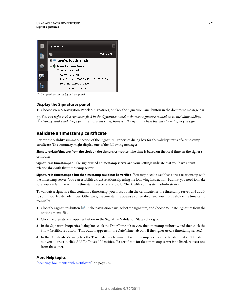 Display the signatures panel, Validate a timestamp certificate | Adobe Acrobat 9 PRO Extended User Manual | Page 277 / 546