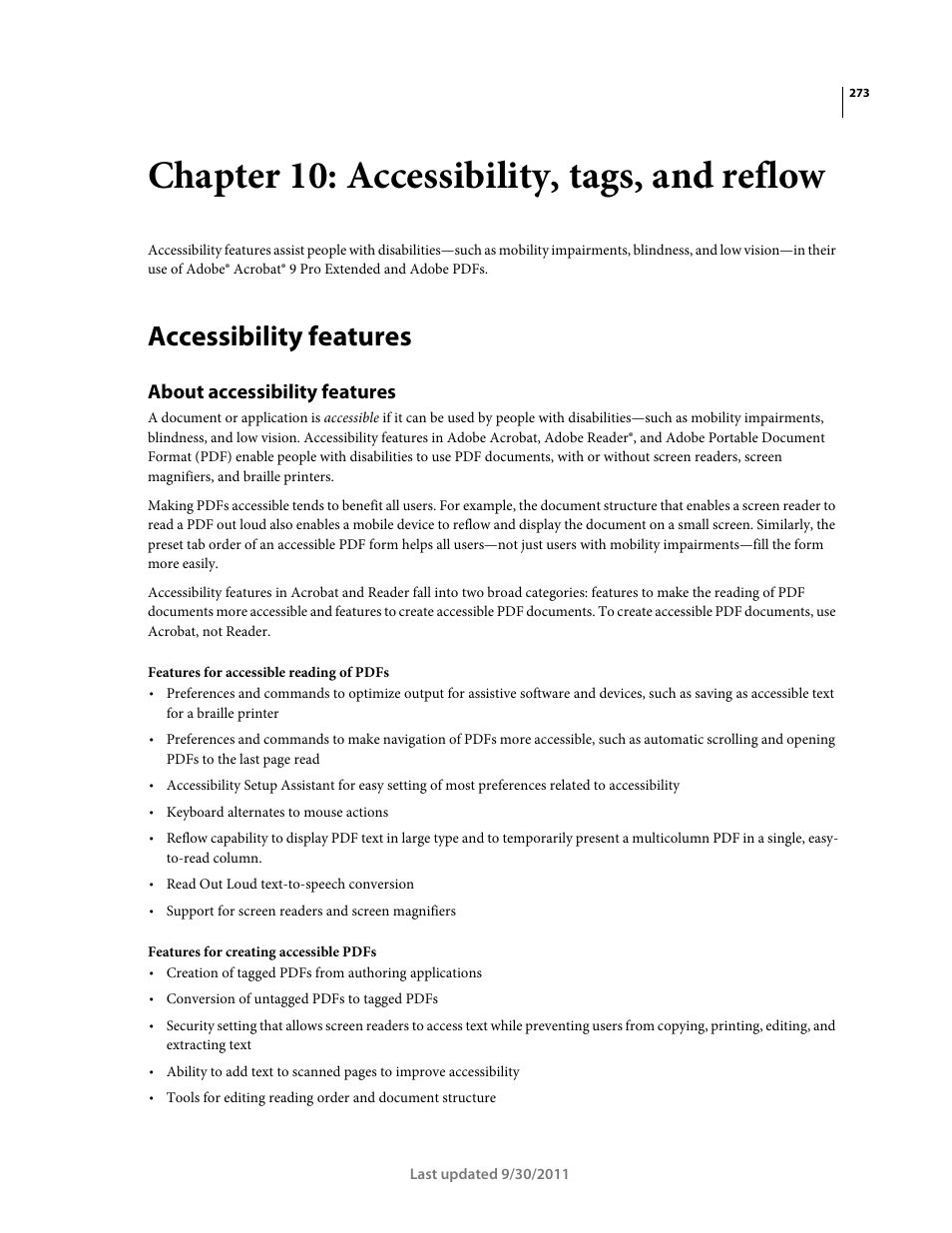 Chapter 10: accessibility, tags, and reflow, Accessibility features, About accessibility features | Adobe Acrobat 9 PRO Extended User Manual | Page 279 / 546