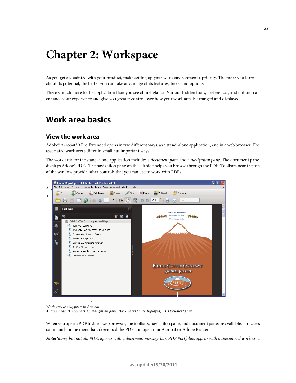 Chapter 2: workspace, Work area basics, View the work area | Adobe Acrobat 9 PRO Extended User Manual | Page 28 / 546