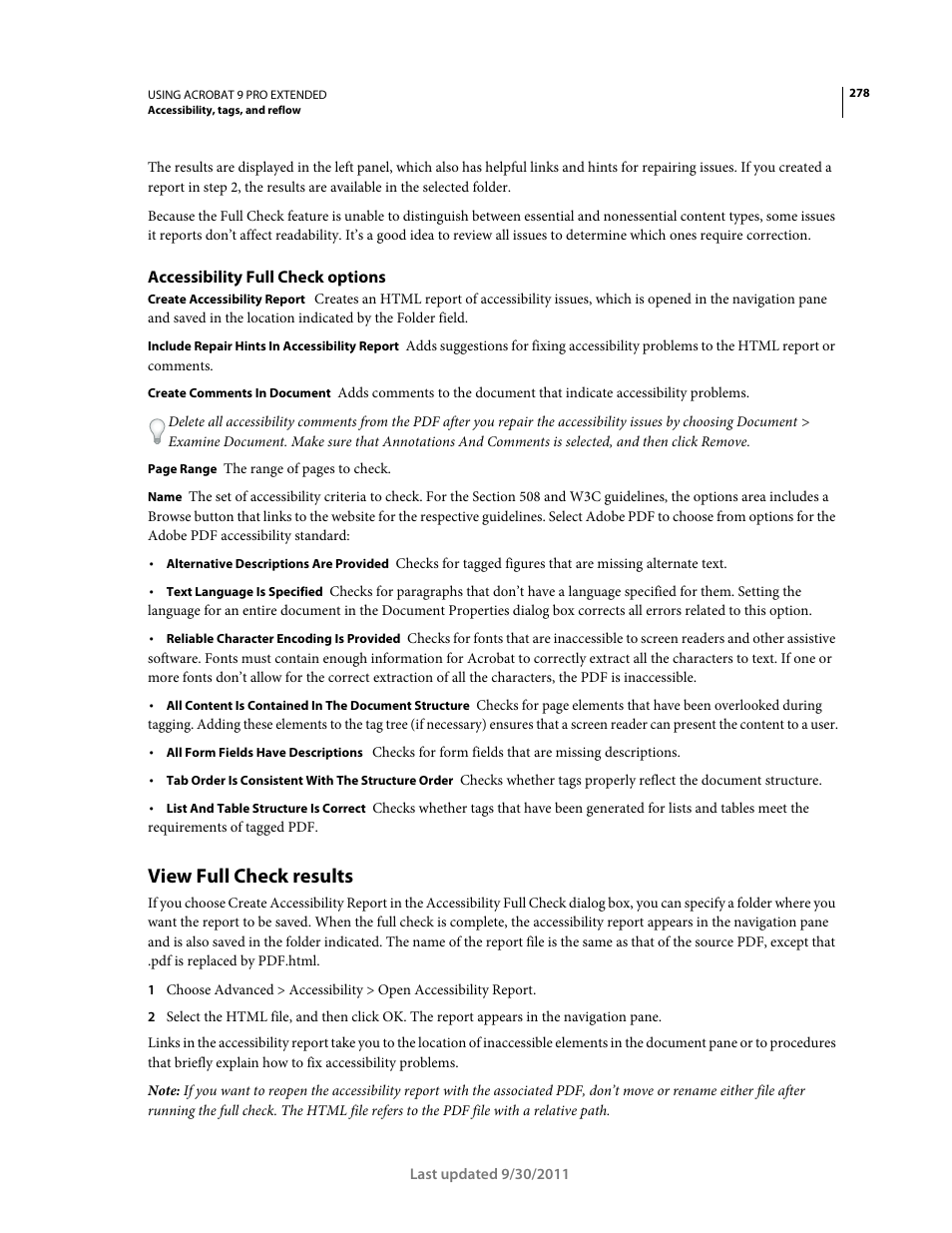 Accessibility full check options, View full check results | Adobe Acrobat 9 PRO Extended User Manual | Page 284 / 546