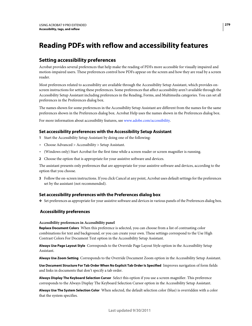 Setting accessibility preferences, Accessibility preferences | Adobe Acrobat 9 PRO Extended User Manual | Page 285 / 546