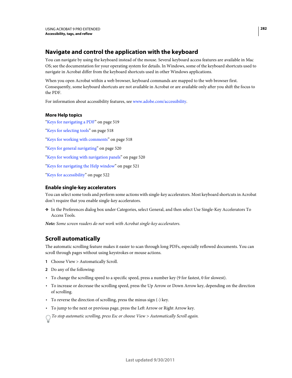 Enable single-key accelerators, Scroll automatically | Adobe Acrobat 9 PRO Extended User Manual | Page 288 / 546