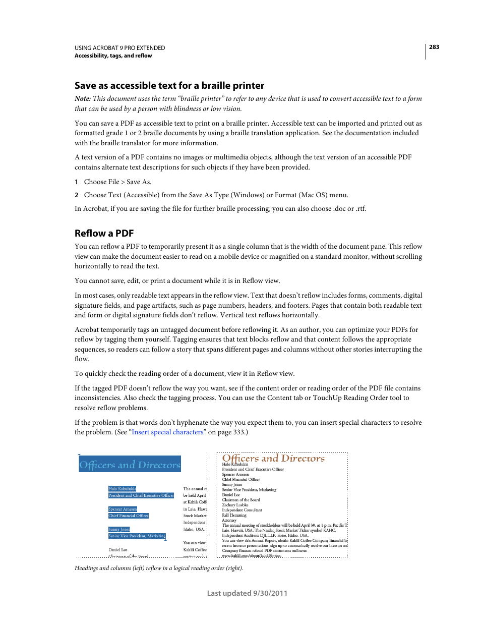 Save as accessible text for a braille printer, Reflow a pdf | Adobe Acrobat 9 PRO Extended User Manual | Page 289 / 546