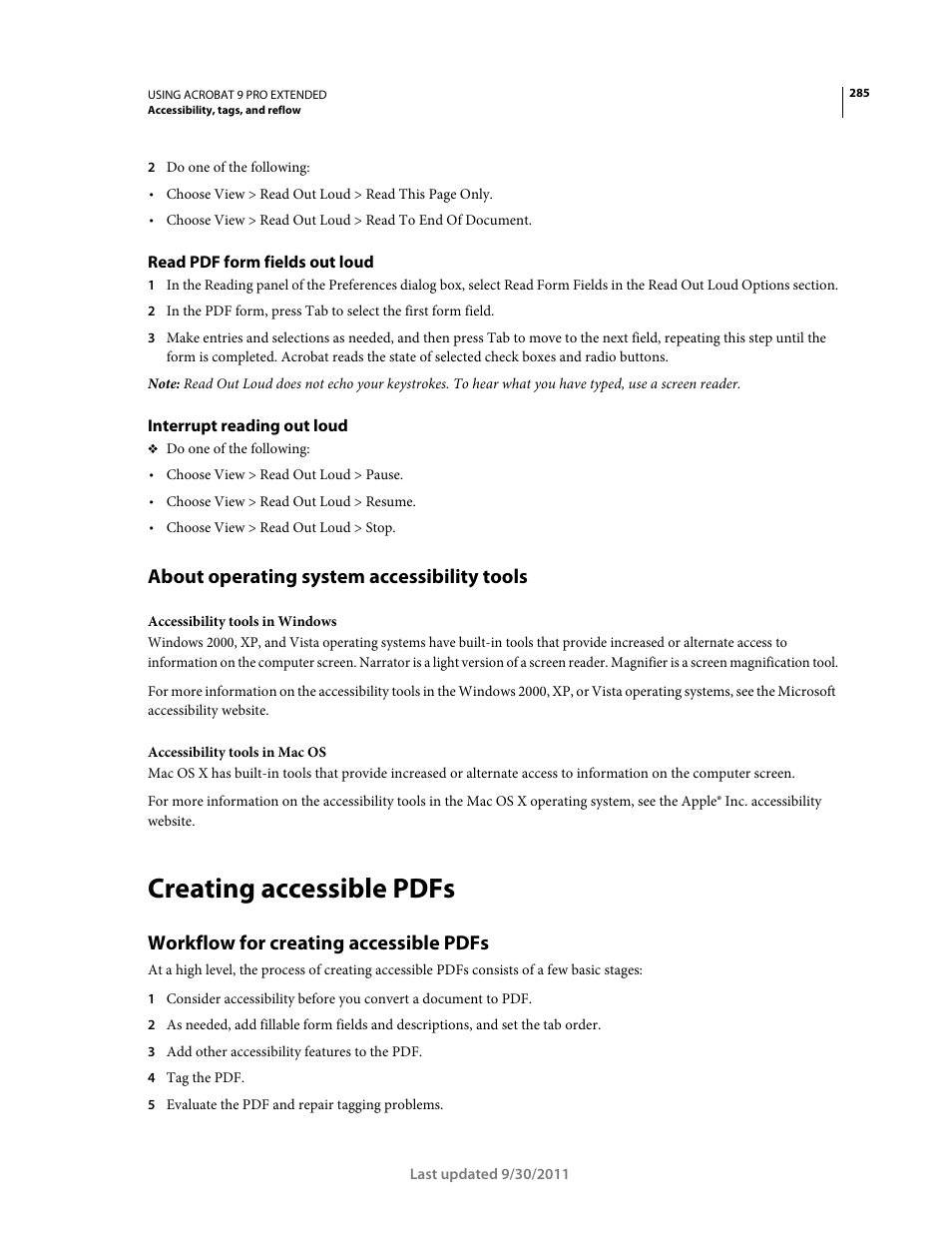 Read pdf form fields out loud, Interrupt reading out loud, About operating system accessibility tools | Creating accessible pdfs, Workflow for creating accessible pdfs | Adobe Acrobat 9 PRO Extended User Manual | Page 291 / 546