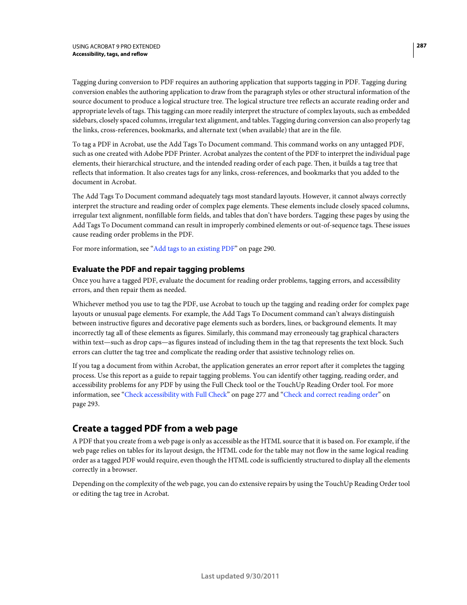 Evaluate the pdf and repair tagging problems, Create a tagged pdf from a web page | Adobe Acrobat 9 PRO Extended User Manual | Page 293 / 546