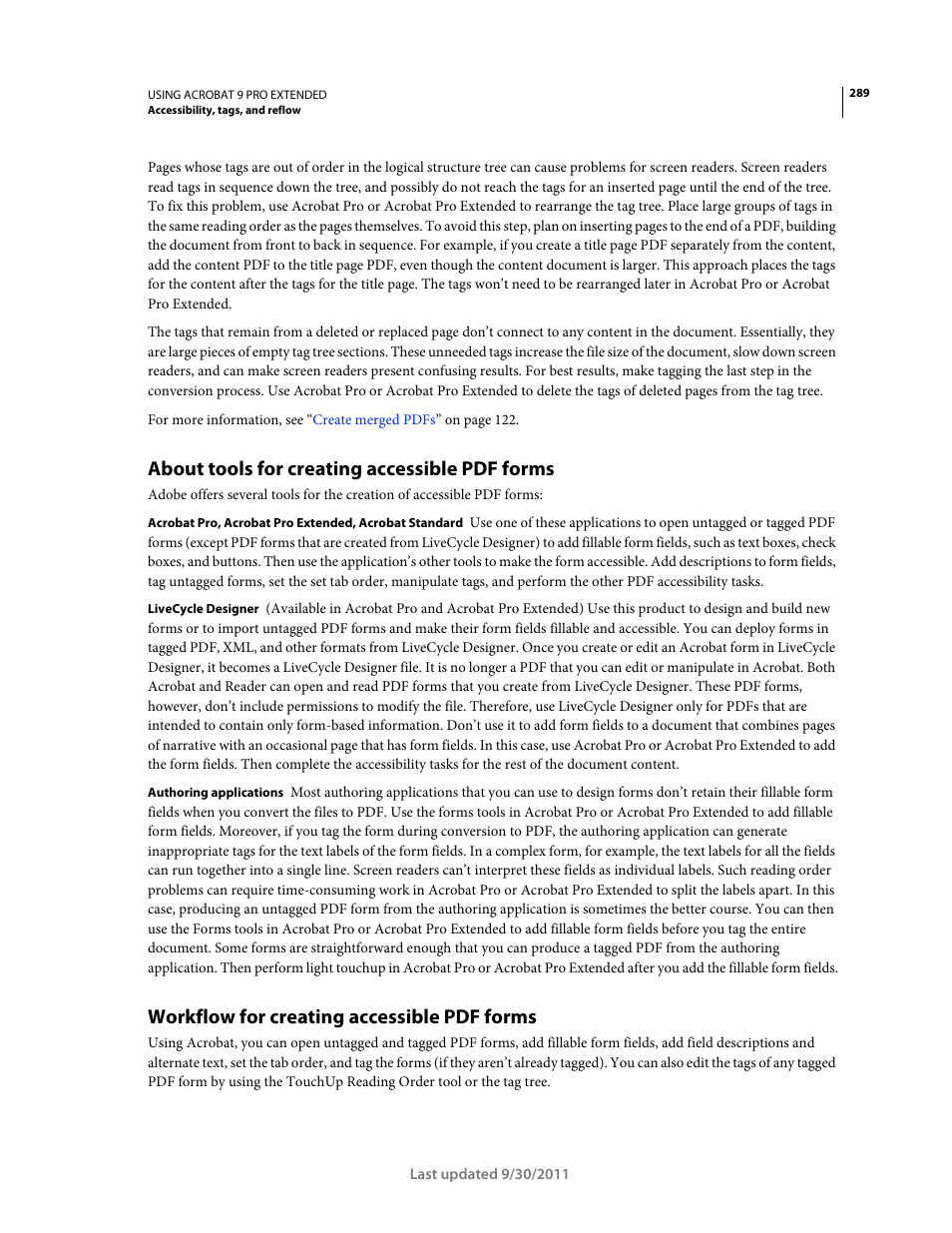 About tools for creating accessible pdf forms, Workflow for creating accessible pdf forms | Adobe Acrobat 9 PRO Extended User Manual | Page 295 / 546