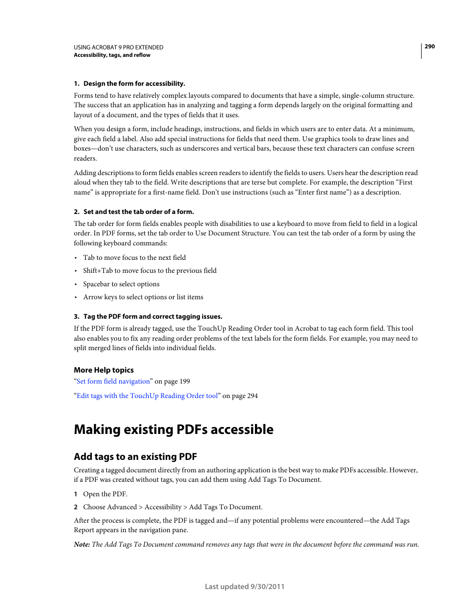 Making existing pdfs accessible, Add tags to an existing pdf, For more information, see | Adobe Acrobat 9 PRO Extended User Manual | Page 296 / 546