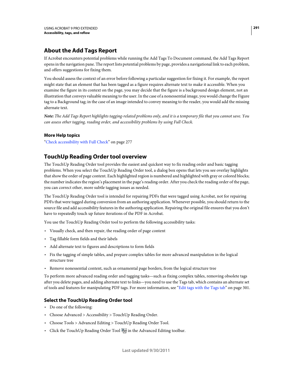 About the add tags report, Touchup reading order tool overview, Select the touchup reading order tool | Adobe Acrobat 9 PRO Extended User Manual | Page 297 / 546