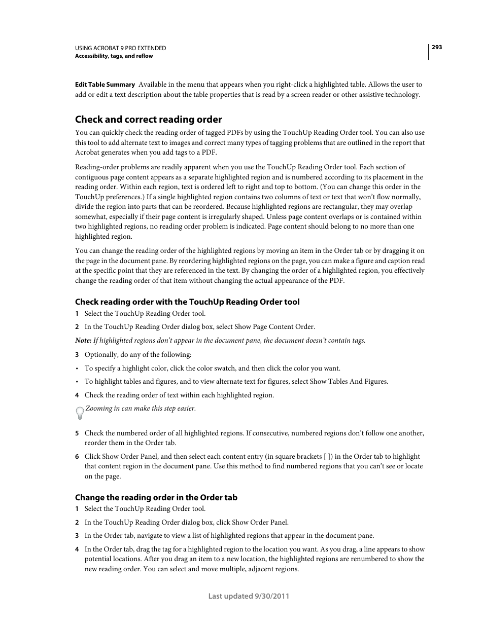 Check and correct reading order, Change the reading order in the order tab | Adobe Acrobat 9 PRO Extended User Manual | Page 299 / 546