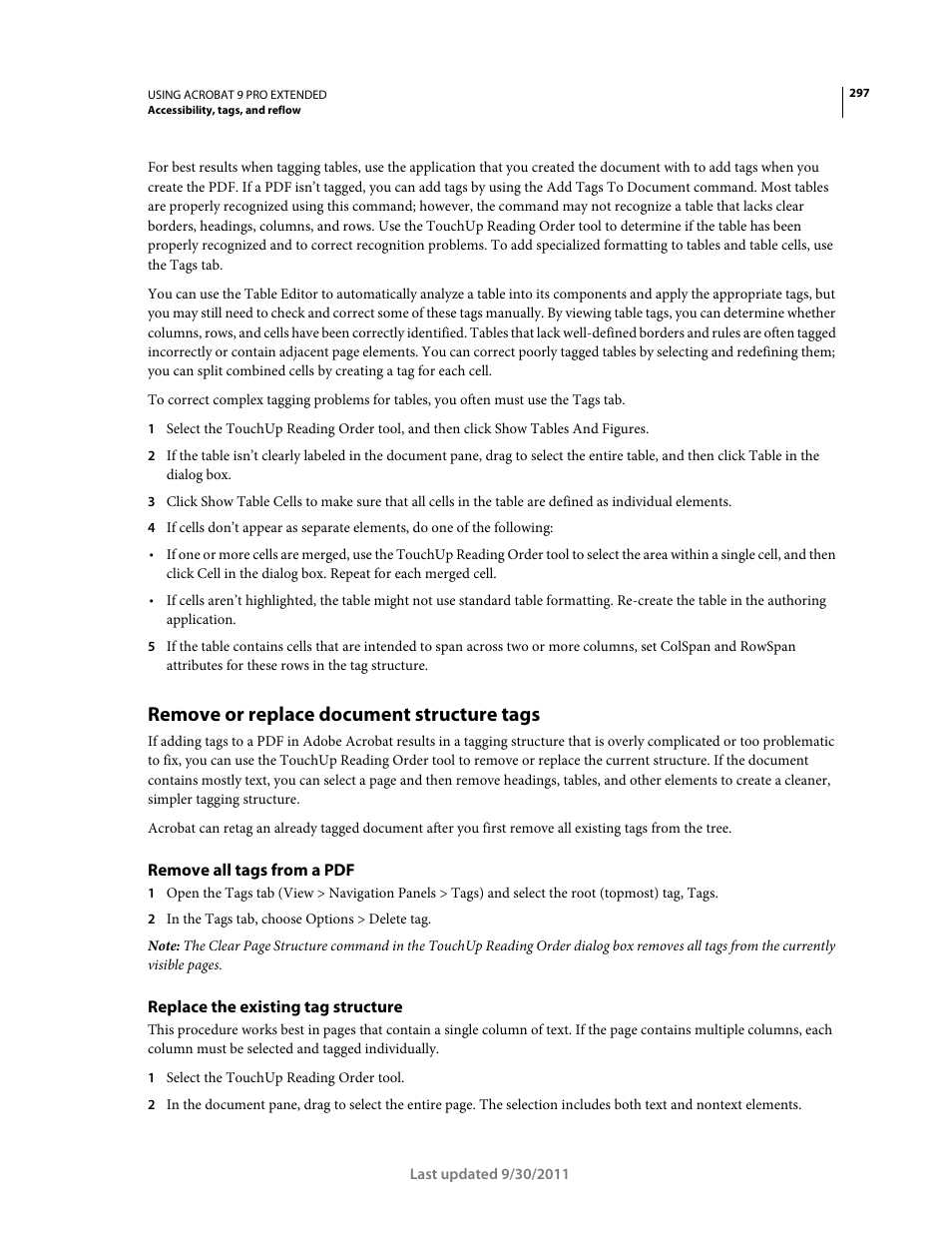 Remove or replace document structure tags, Remove all tags from a pdf, Replace the existing tag structure | Adobe Acrobat 9 PRO Extended User Manual | Page 303 / 546