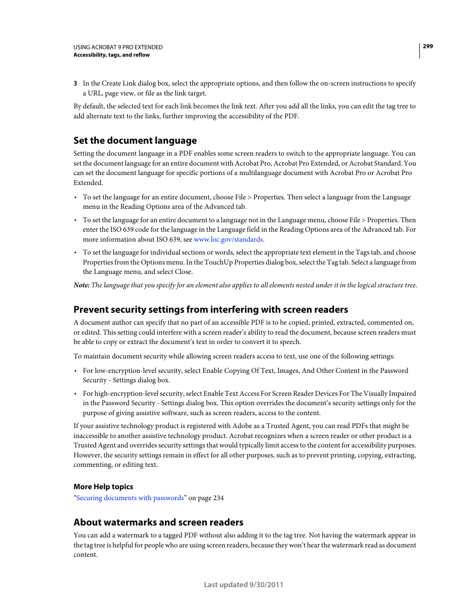 Set the document language, About watermarks and screen readers | Adobe Acrobat 9 PRO Extended User Manual | Page 305 / 546