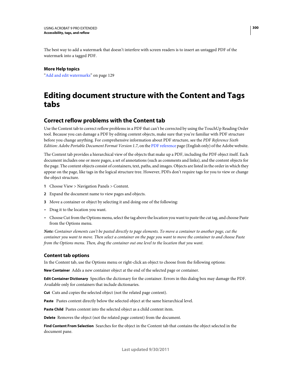 Correct reflow problems with the content tab, Content tab options | Adobe Acrobat 9 PRO Extended User Manual | Page 306 / 546