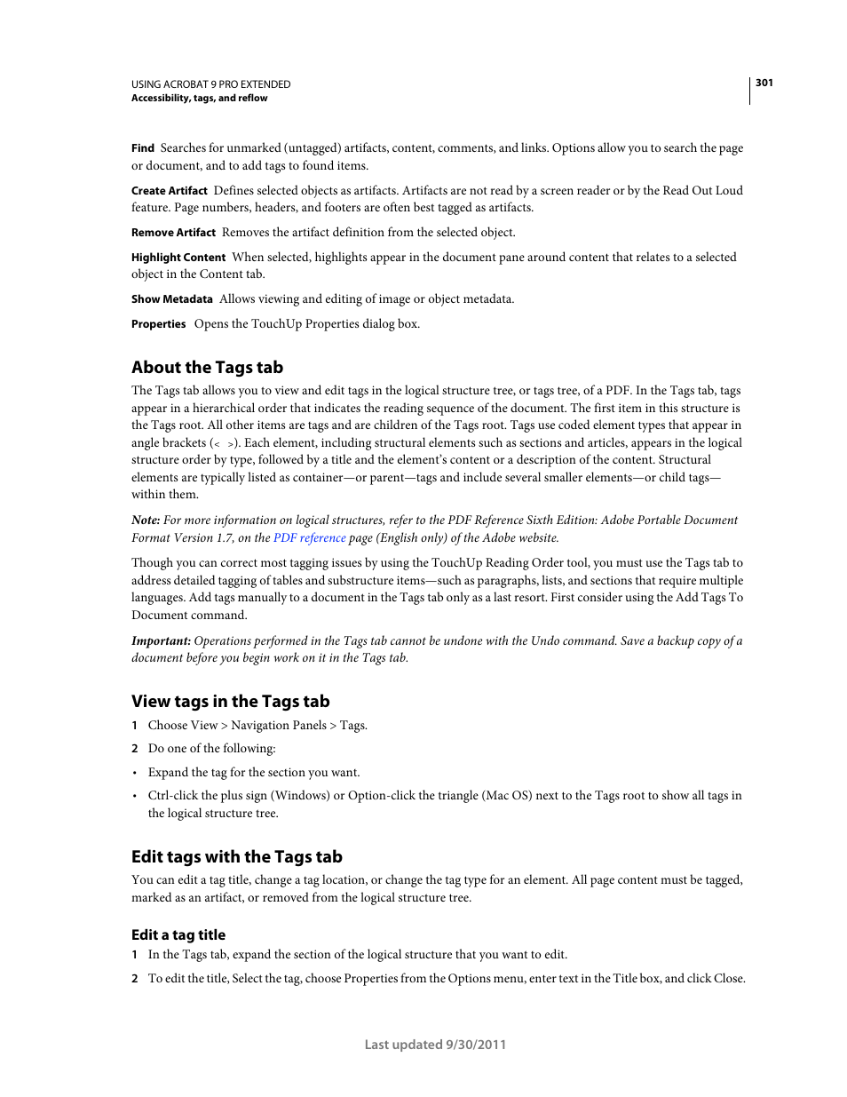 About the tags tab, View tags in the tags tab, Edit tags with the tags tab | Edit a tag title | Adobe Acrobat 9 PRO Extended User Manual | Page 307 / 546