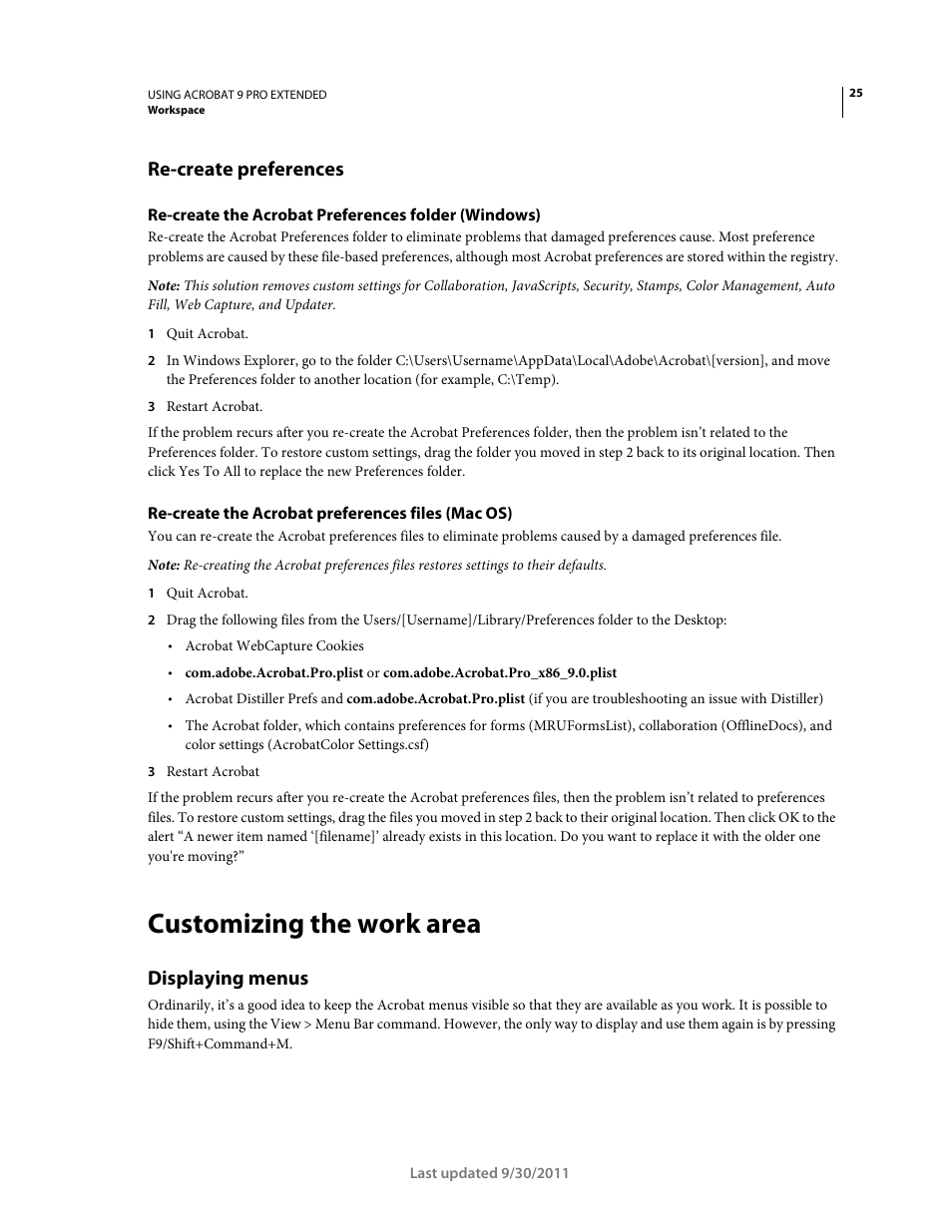 Re-create preferences, Re-create the acrobat preferences folder (windows), Re-create the acrobat preferences files (mac os) | Customizing the work area, Displaying menus | Adobe Acrobat 9 PRO Extended User Manual | Page 31 / 546