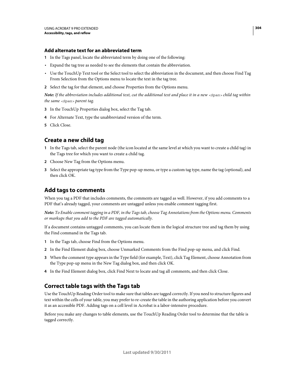 Add alternate text for an abbreviated term, Create a new child tag, Add tags to comments | Correct table tags with the tags tab | Adobe Acrobat 9 PRO Extended User Manual | Page 310 / 546