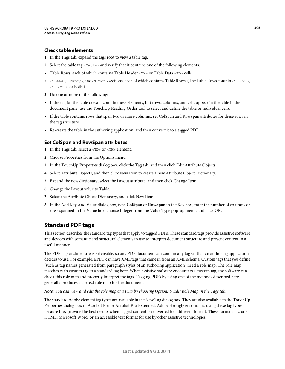 Check table elements, Set colspan and rowspan attributes, Standard pdf tags | Adobe Acrobat 9 PRO Extended User Manual | Page 311 / 546