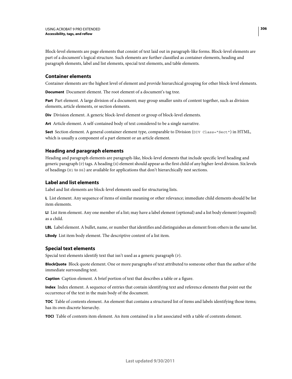 Container elements, Heading and paragraph elements, Label and list elements | Special text elements | Adobe Acrobat 9 PRO Extended User Manual | Page 312 / 546