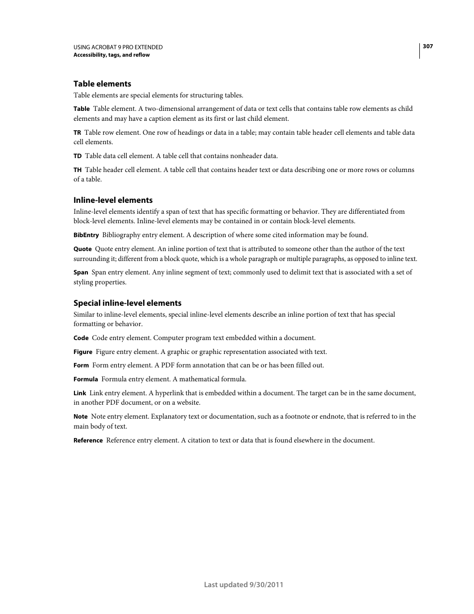 Table elements, Inline-level elements, Special inline-level elements | Adobe Acrobat 9 PRO Extended User Manual | Page 313 / 546