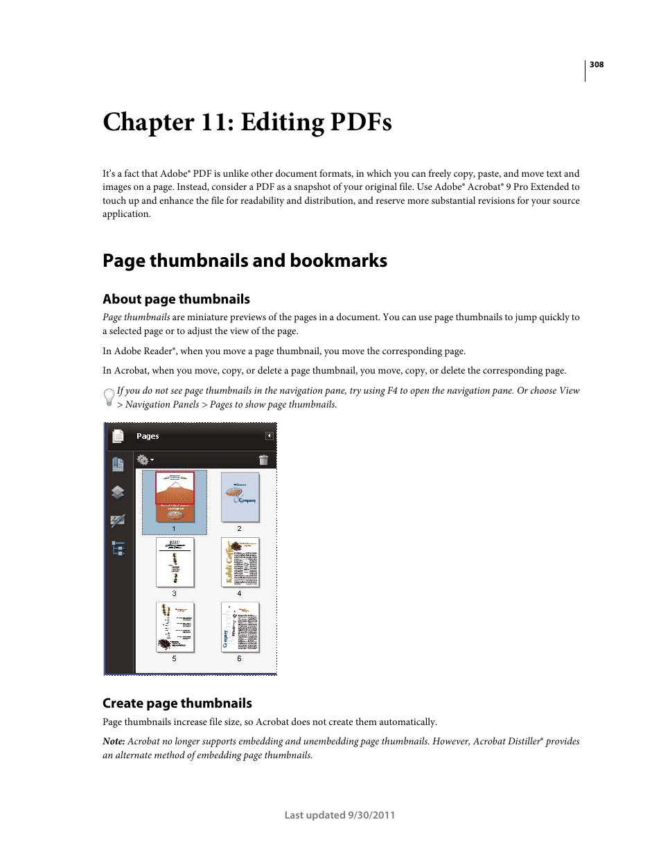 Chapter 11: editing pdfs, Page thumbnails and bookmarks | Adobe Acrobat 9 PRO Extended User Manual | Page 314 / 546