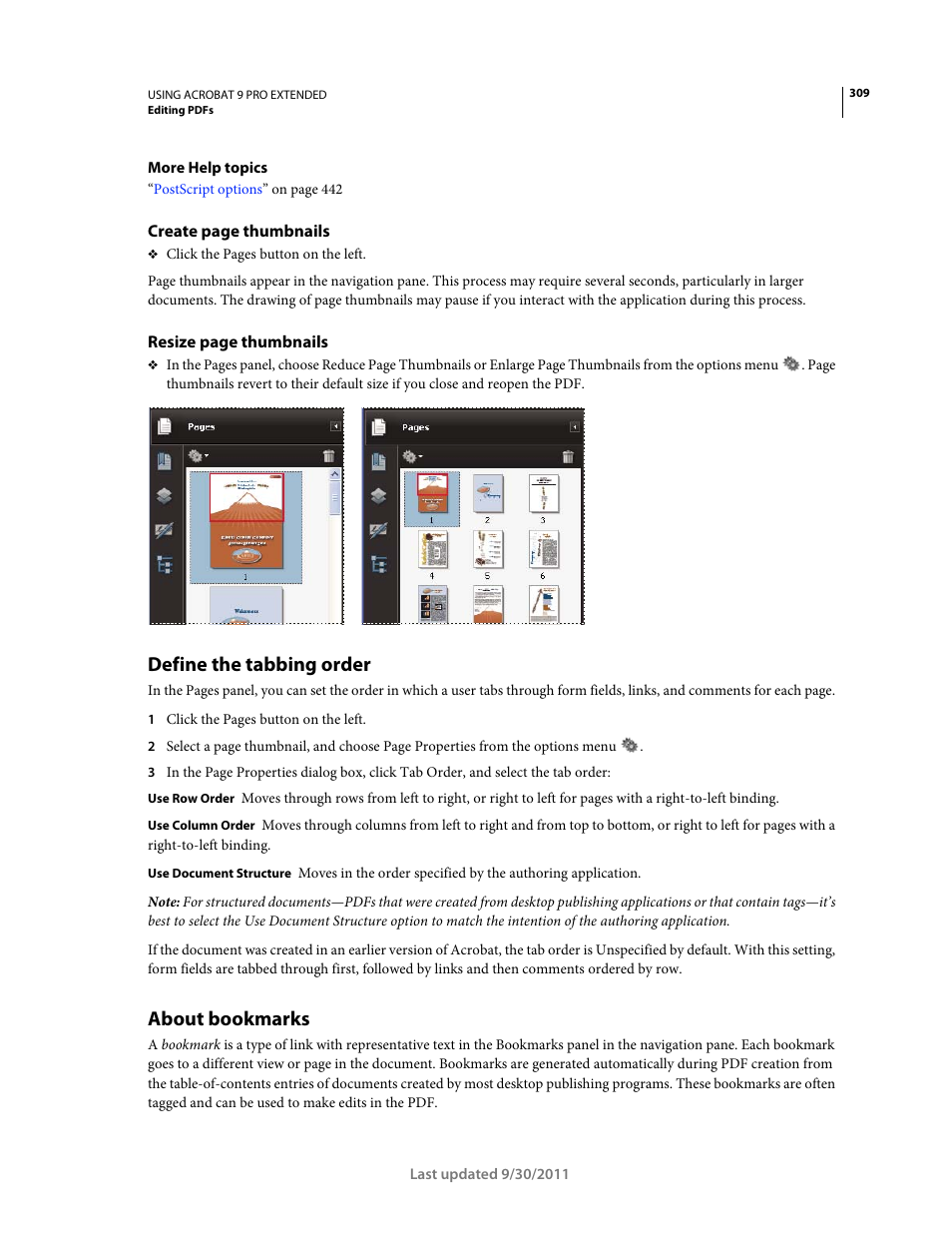 Define the tabbing order, About bookmarks | Adobe Acrobat 9 PRO Extended User Manual | Page 315 / 546