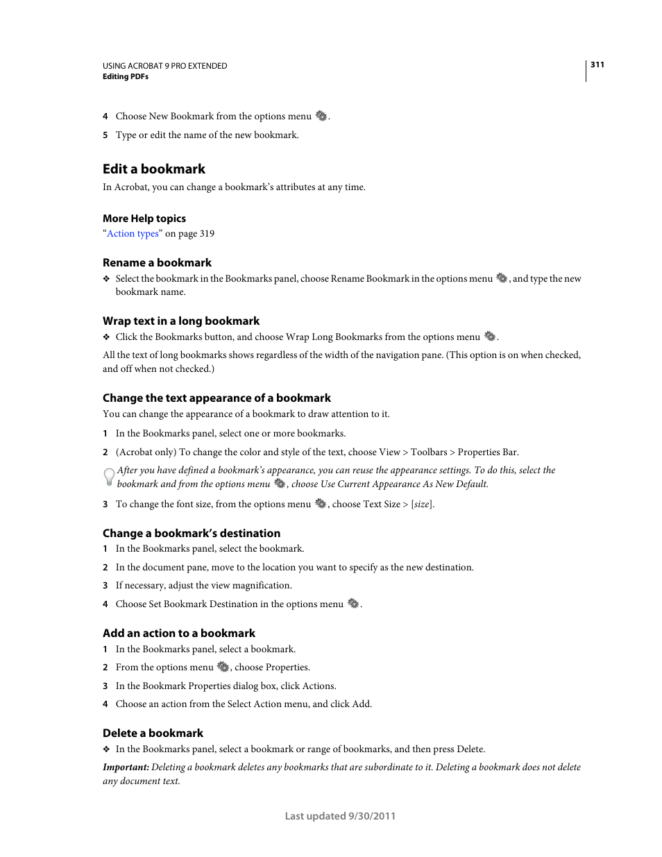 Edit a bookmark, Rename a bookmark, Wrap text in a long bookmark | Change the text appearance of a bookmark, Change a bookmark’s destination, Add an action to a bookmark, Delete a bookmark | Adobe Acrobat 9 PRO Extended User Manual | Page 317 / 546