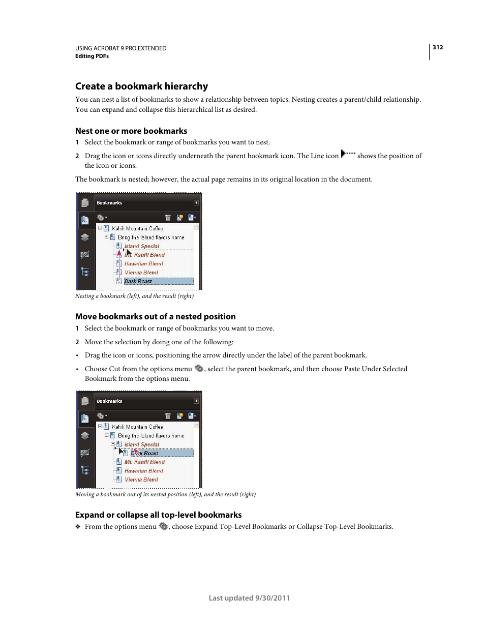 Create a bookmark hierarchy, Nest one or more bookmarks, Move bookmarks out of a nested position | Expand or collapse all top-level bookmarks | Adobe Acrobat 9 PRO Extended User Manual | Page 318 / 546