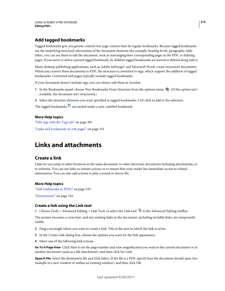 Add tagged bookmarks, Links and attachments, Create a link | Create a link using the link tool | Adobe Acrobat 9 PRO Extended User Manual | Page 319 / 546