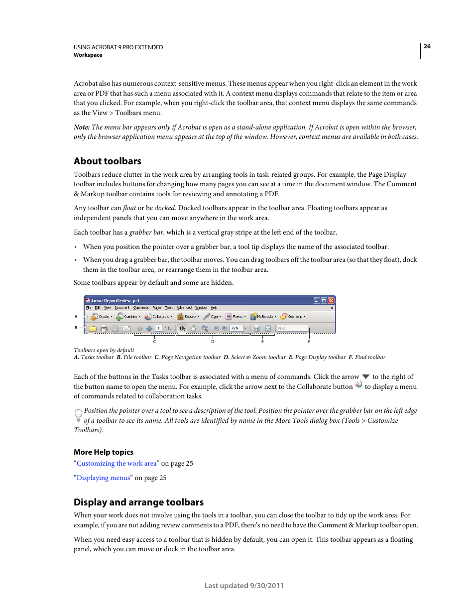 About toolbars, Display and arrange toolbars | Adobe Acrobat 9 PRO Extended User Manual | Page 32 / 546