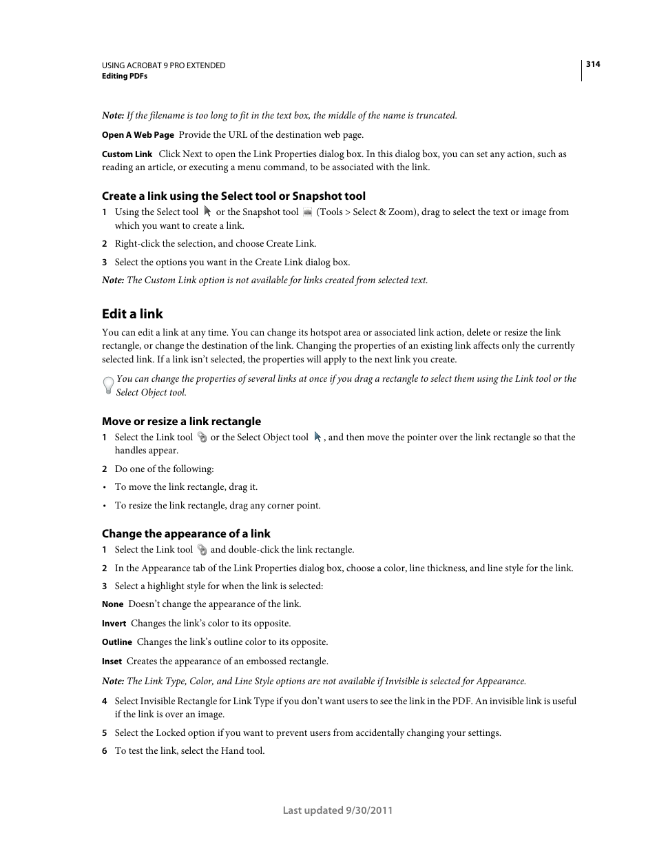 Edit a link, Move or resize a link rectangle, Change the appearance of a link | Adobe Acrobat 9 PRO Extended User Manual | Page 320 / 546