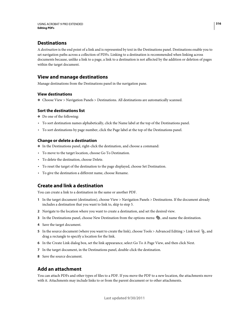 Destinations, View and manage destinations, View destinations | Sort the destinations list, Change or delete a destination, Create and link a destination, Add an attachment | Adobe Acrobat 9 PRO Extended User Manual | Page 322 / 546