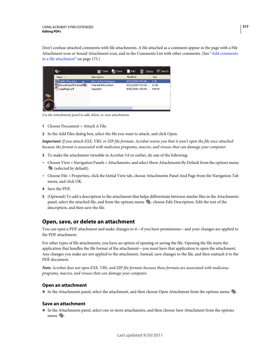 Open, save, or delete an attachment, Open an attachment, Save an attachment | Adobe Acrobat 9 PRO Extended User Manual | Page 323 / 546