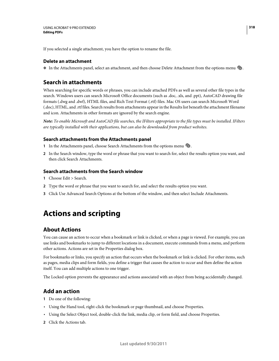 Delete an attachment, Search in attachments, Search attachments from the attachments panel | Search attachments from the search window, Actions and scripting, About actions, Add an action | Adobe Acrobat 9 PRO Extended User Manual | Page 324 / 546