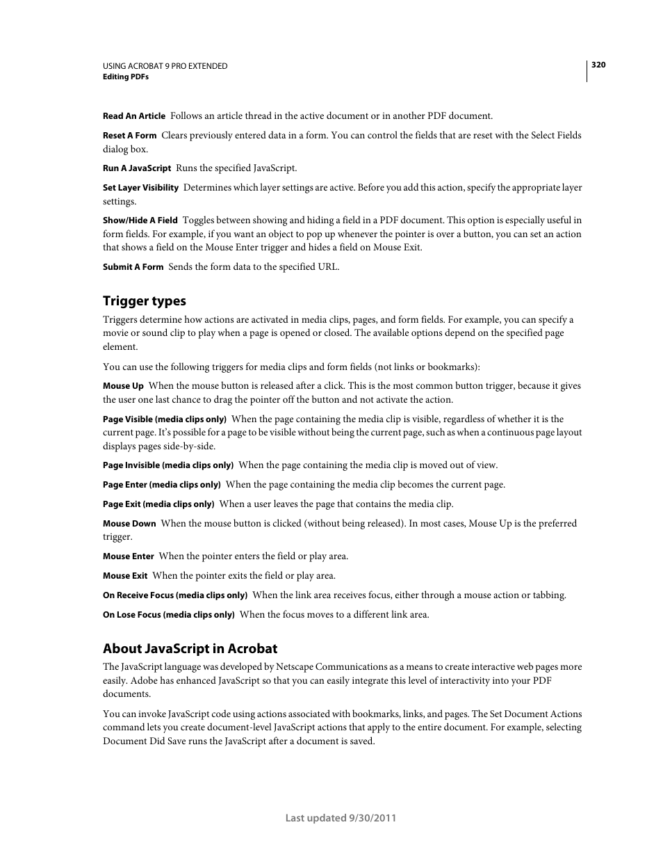 Trigger types, About javascript in acrobat | Adobe Acrobat 9 PRO Extended User Manual | Page 326 / 546