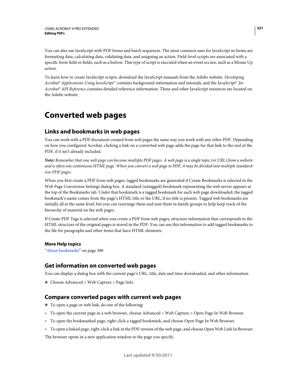 Converted web pages, Links and bookmarks in web pages, Get information on converted web pages | Compare converted pages with current web pages | Adobe Acrobat 9 PRO Extended User Manual | Page 327 / 546