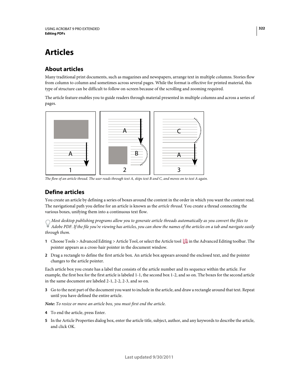 Articles, About articles, Define articles | 1a 3 a c 2 a b | Adobe Acrobat 9 PRO Extended User Manual | Page 328 / 546