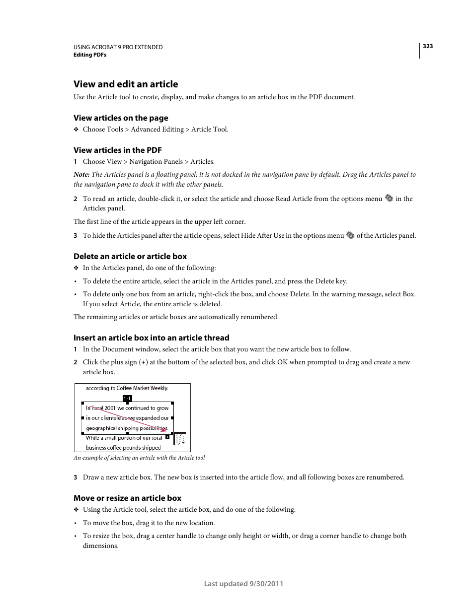 View and edit an article, View articles in the pdf, Delete an article or article box | Insert an article box into an article thread, Move or resize an article box | Adobe Acrobat 9 PRO Extended User Manual | Page 329 / 546