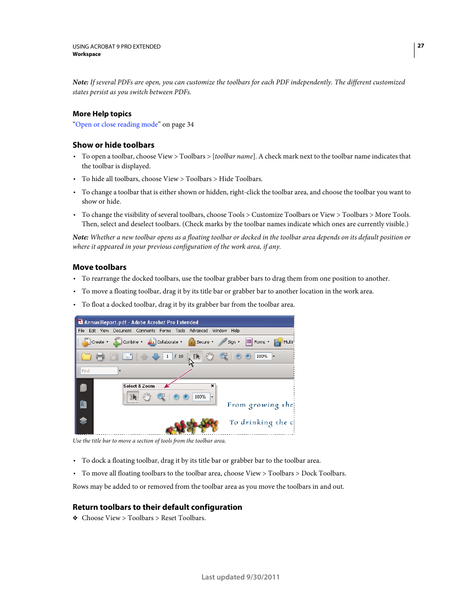 Show or hide toolbars, Move toolbars, Return toolbars to their default configuration | Adobe Acrobat 9 PRO Extended User Manual | Page 33 / 546