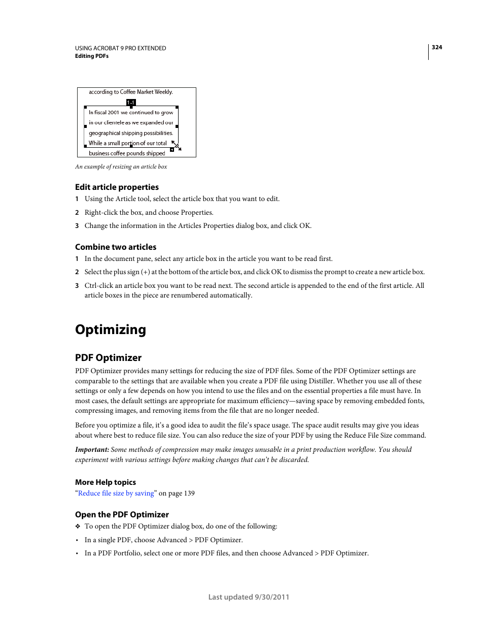 Edit article properties, Combine two articles, Optimizing | Pdf optimizer, Open the pdf optimizer | Adobe Acrobat 9 PRO Extended User Manual | Page 330 / 546