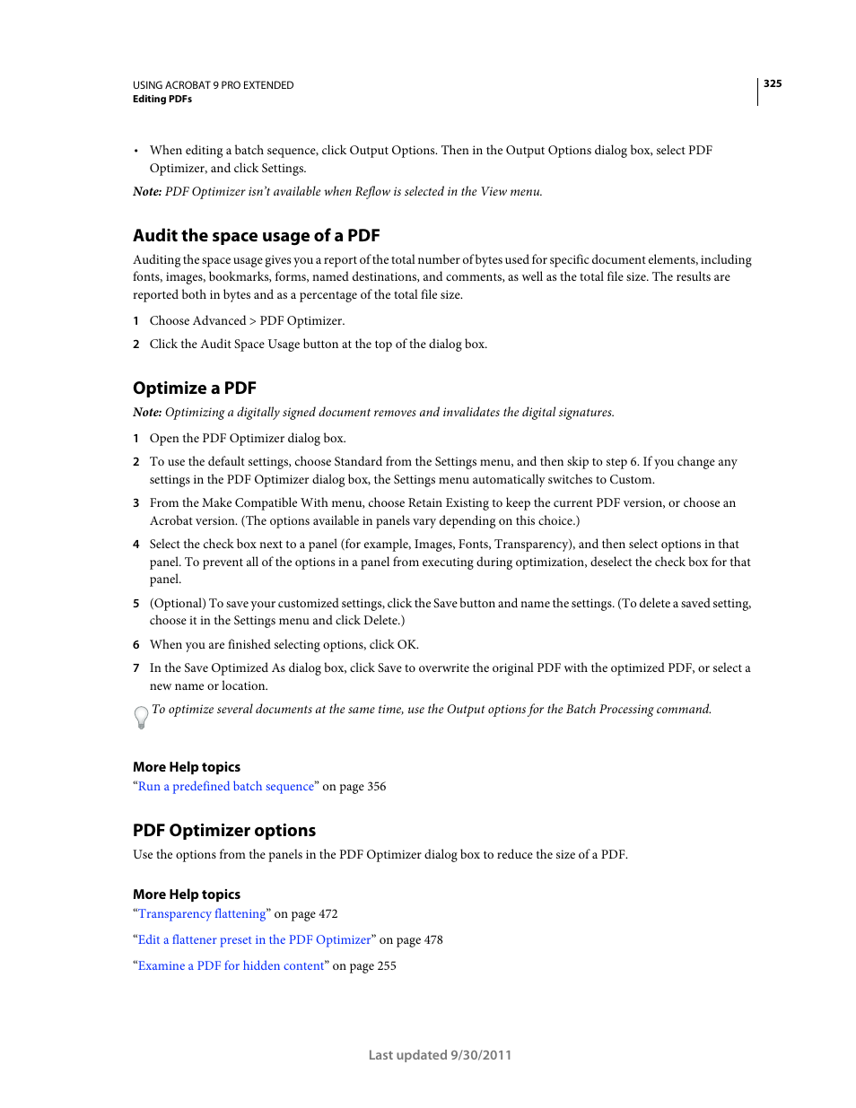 Audit the space usage of a pdf, Optimize a pdf, Pdf optimizer options | Adobe Acrobat 9 PRO Extended User Manual | Page 331 / 546