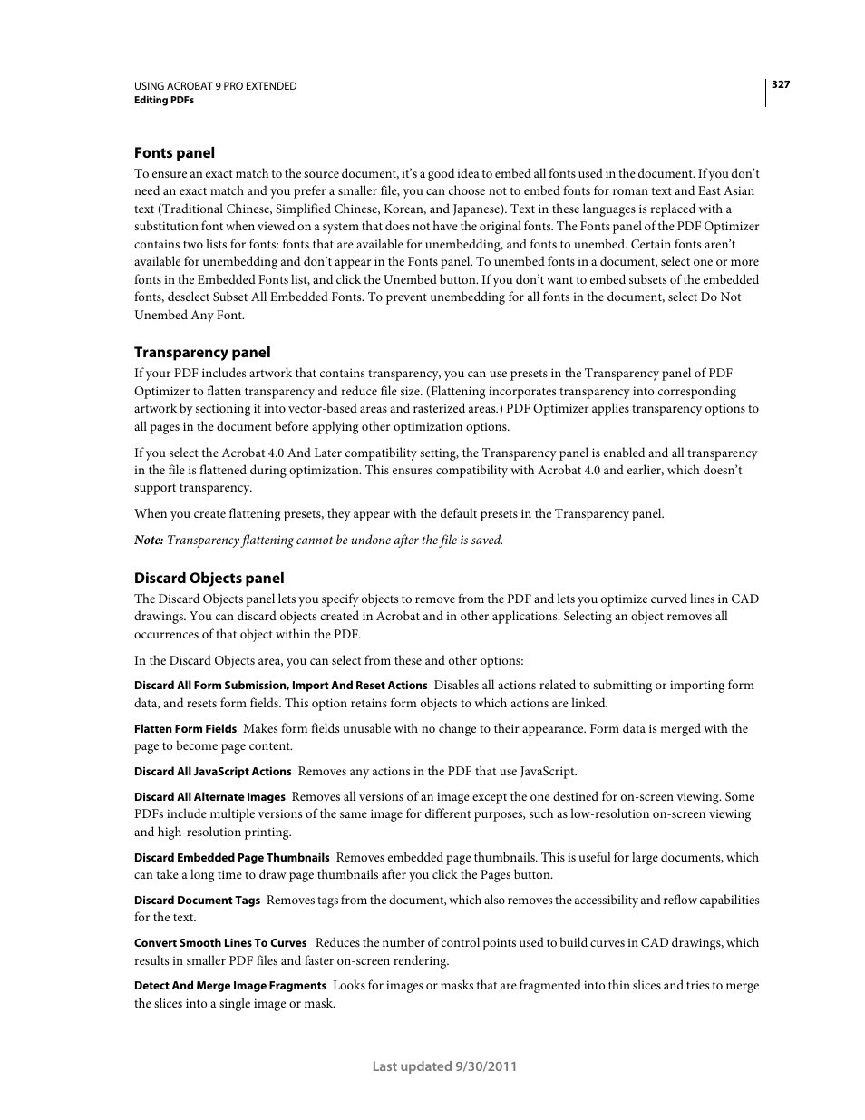 Fonts panel, Transparency panel, Discard objects panel | Adobe Acrobat 9 PRO Extended User Manual | Page 333 / 546