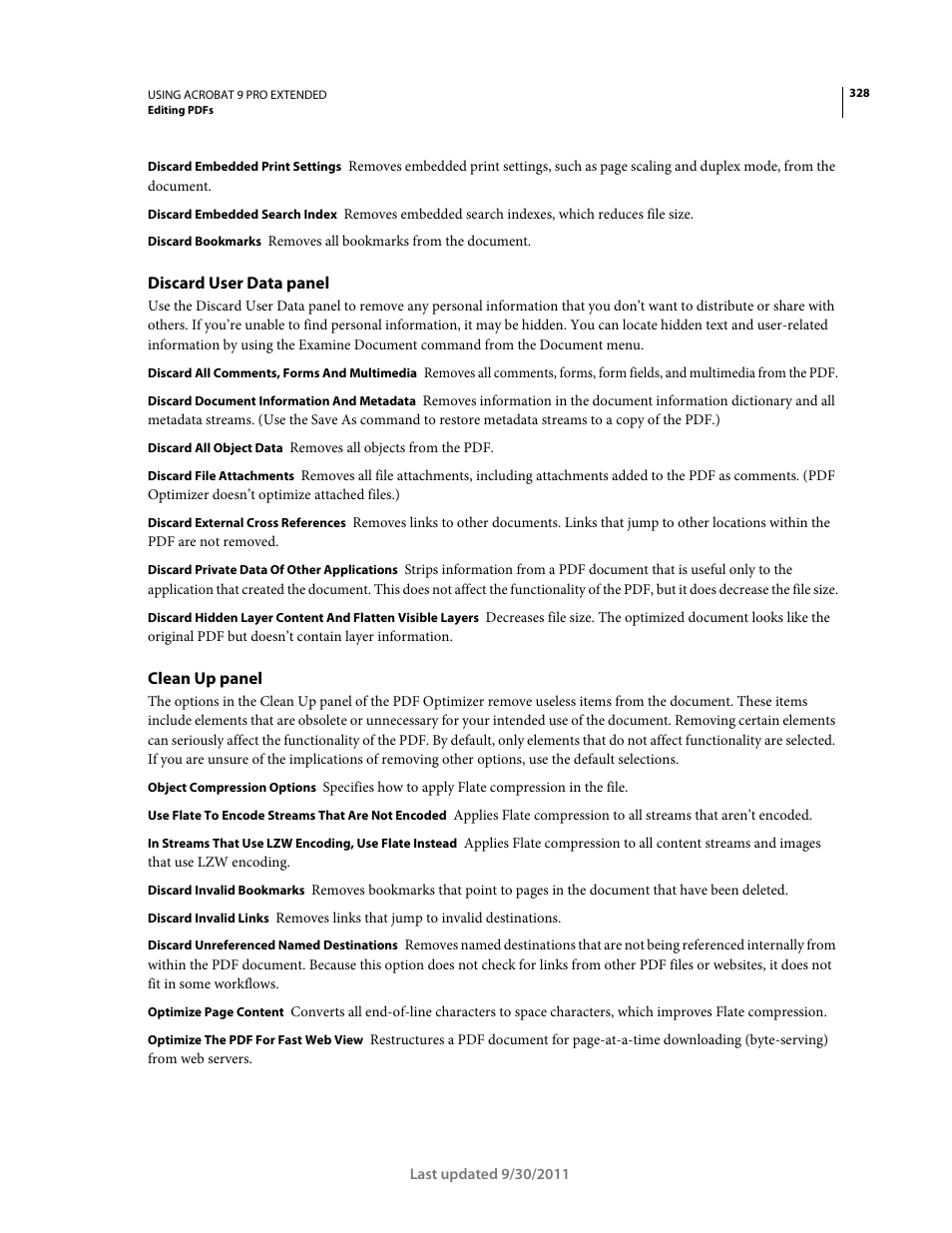Discard user data panel, Clean up panel | Adobe Acrobat 9 PRO Extended User Manual | Page 334 / 546