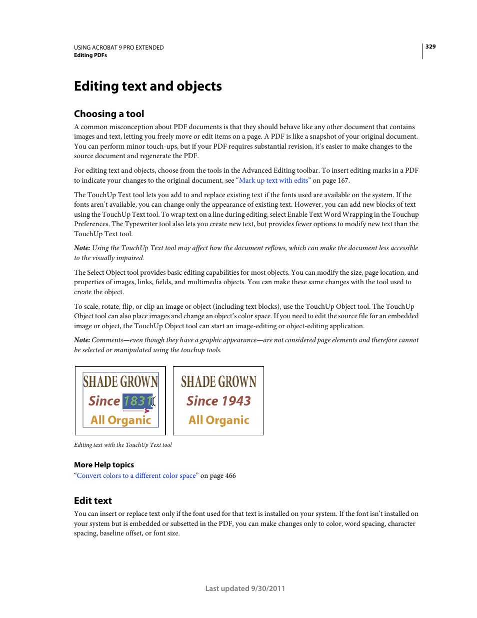 Editing text and objects, Choosing a tool, Edit text | Adobe Acrobat 9 PRO Extended User Manual | Page 335 / 546