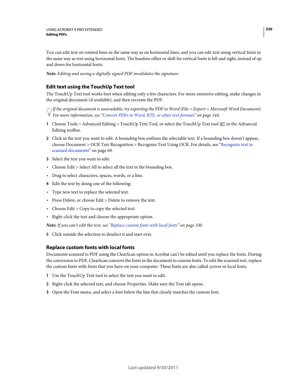 Edit text using the touchup text tool, Replace custom fonts with local fonts, Replace custom fonts | With local fonts | Adobe Acrobat 9 PRO Extended User Manual | Page 336 / 546