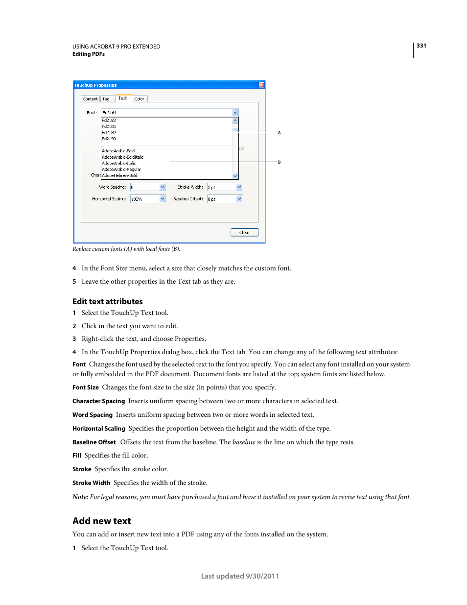 Edit text attributes, Add new text | Adobe Acrobat 9 PRO Extended User Manual | Page 337 / 546