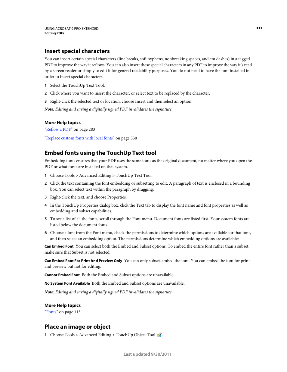 Insert special characters, Embed fonts using the touchup text tool, Place an image or object | Adobe Acrobat 9 PRO Extended User Manual | Page 339 / 546
