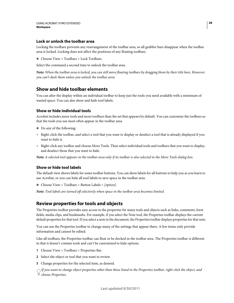 Lock or unlock the toolbar area, Show and hide toolbar elements, Show or hide individual tools | Show or hide tool labels, Review properties for tools and objects | Adobe Acrobat 9 PRO Extended User Manual | Page 34 / 546