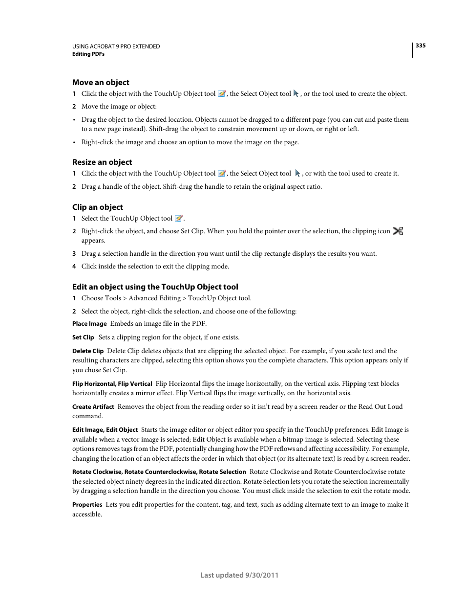 Move an object, Resize an object, Clip an object | Edit an object using the touchup object tool | Adobe Acrobat 9 PRO Extended User Manual | Page 341 / 546